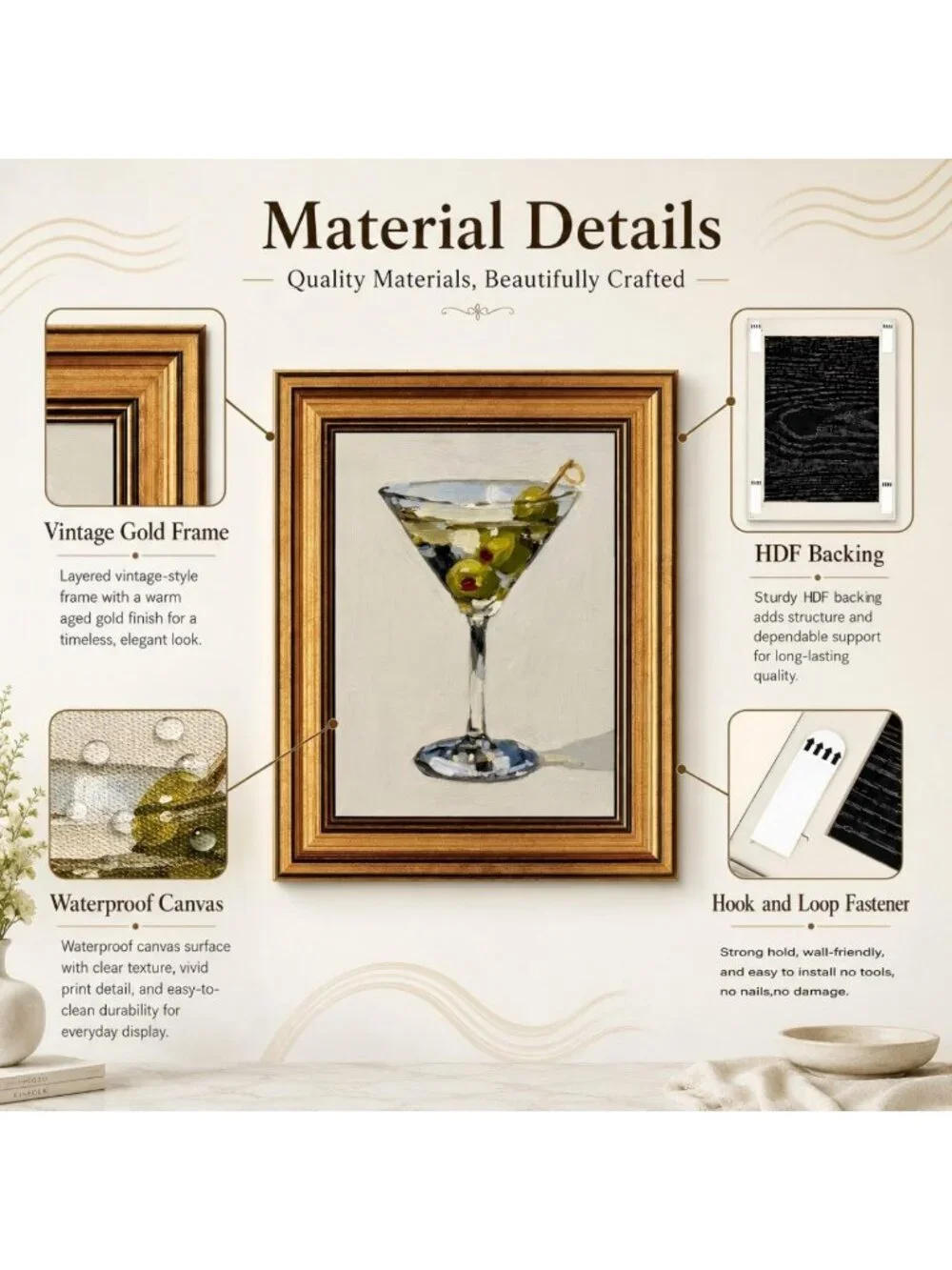 Vintage Martini Glass Wall Art - Gold Framed Canvas Print, Classic Cocktail